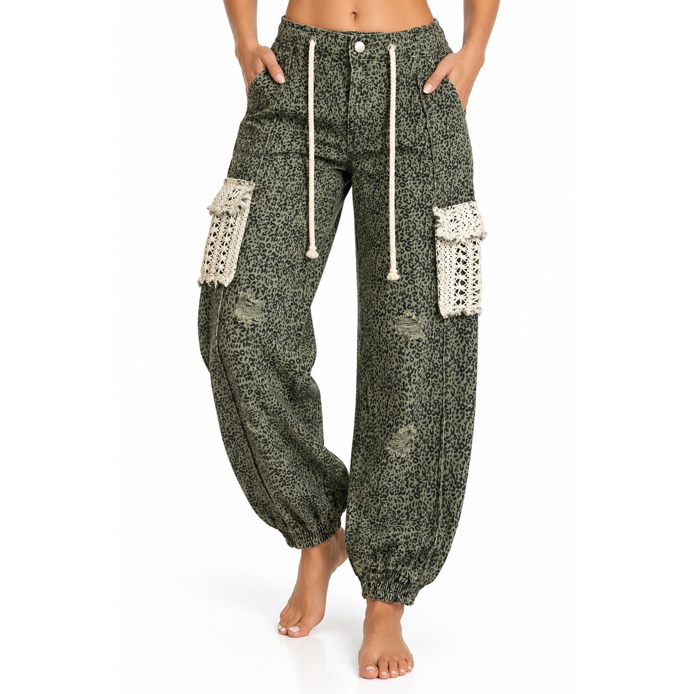 POL Leopard Print Cargo Jogger Pants Large Olive Crochet Lace Boho Slouchy Denim